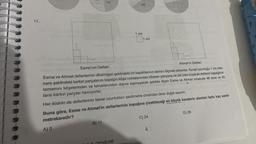 11.
A) 0
72°
B) 11
140°
Esma'nın Defteri
Ahmet'in Defteri
Esma ve Ahmet defterlerinin dikdörtgen şeklindeki ön kapaklarının alanını ölçmek istiyorlar. Kenar uzunluğu 1 cm olan
kare şeklindeki karton parçalarını kapağın köşe noktalarından itibaren yanyana ve üst üste koyarak defterin kapağının
tamamını köşelerinden ve kenarlarından dışına taşmayacak şekilde ölçen Esma ve Ahmet sırasıyla 48 tane ve 40
tane karton parçası harcıyorlar.
Her ikisinin de defterlerinin kenar uzunlukları santimetre cinsinden birer doğal sayıdır.
Buna göre, Esma ve Ahmet'in defterlerinin kapağına çizebileceği en büyük karelerin alanları farkı kaç santi-
metrekaredir?
EME
1 cm
1 cm
C) 24
4
D) 28