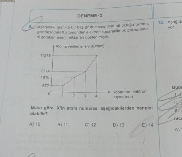 DENEME-3
Aşağıdaki grafikte bir baş grup elementine ait olduğu bilinen,
gaz fazındaki X atomundan elektron koparabilmek için verilme-
si gereken enerji miktarları gösterilmiştir.
Atoma verilen enerji (kJ/mol)
11578
2774
1816
577
0
1
2
B) 11
3 4
Buna göre, 