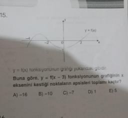 15.
T
-2
0
2
y = f(x)
y = f(x) fonksiyonunun graliği yukarıdaki gibidir.
Buna göre, y = f(x - 3) fonksiyonunun grafiğinin x
eksenini kestiği noktaların apsisleri toplamı kaçtır?
A)-16
B)-10 C) -7
D) 1
E) 5