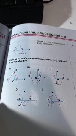 119
onk
T.
FONKSIYONLARIN DÖNÜŞÜMLERİ-11
Yanda y = f(x) fonksiyonunun
grafiği verilmiştir.
A)
-5
O
5
Buna göre, aşağıdakilerden hangisi y = -f(x) fonksiyo-
nunun grafiğidir?
5
y
D)
f(x) = y
5
-1
-3
X
AY
X
0
B)
-5
5
O
X
-5
X
E)
-1
C)
AY
3
O
5
5
5
X
-X
3.