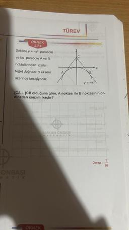 ÖRNEK
278
Şekilde y=-x² parabolü
ve bu parabole A ve B
noktalarından çizilen
teğet doğruları y ekseni
üzerinde kesişiyorlar.
ONBAŞI
TÜREV
ÖRNEK
C
+
HAKAN ONBAŞI
MATEH
0
[CAL [CB olduğuna göre, A noktası ile B noktasının or-
dinatları çarpımı kaçtır?
B
X
y=-x²\
B.MAST 5.9-yhunune
Cevap:
16