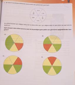 15. Bir daire 6 eş parçaya bölünerek üzerine farklı sayı gösterimleri yazılmıştır.
C)
3
20
%20
A)
0,15
%15
1,15
3
15
Bu gösterimlerden aynı değere sahip olan üç daire dilimi sarı; aynı değere sahip iki daire dilimi ise yeşil renk ile
boyanıyor.
Eşiti olmayan daire dilimi turuncu renk ile boyandığına göre şeklin son görünümü aşağıdakilerden han-
gisidir?
B)
D)