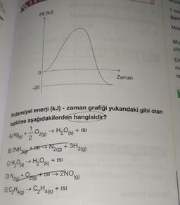 m.
PE (KJ)
B) 2NH
0
3(g)
-20
Potansiyel enerji (kJ) - zaman grafiği yukarıdaki gibi olan
tepkime aşağıdakilerden hangisidir?
1
A) Hg(s) 2
+
O2(g) → H₂O(s)
IST
N
+ ISI
2(g)
C) H₂O(s) → H₂O(k) + ISI
D) N₂(g) + O₂(g) 1ST → 2NO(g)
E) C₂H4(g) → C₂H4(s) + ISI
+ 3H₂(g)
Zaman
daig
1 mo
ğişim
Mola
Ma
pis
Eri
m
re