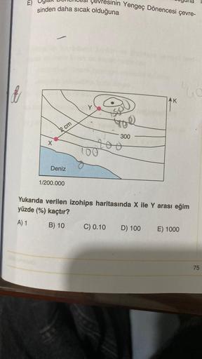 o
E)
sinden daha sıcak olduğuna
X
2 cm
Deniz
1/200.000
Y
sinin Yengeç Dönencesi çevre-
300
200
C) 0.10
Yukarıda verilen izohips haritasında X ile Y arası eğim
yüzde (%) kaçtır?
A) 1
B) 10
AK
D) 100
E) 1000
75