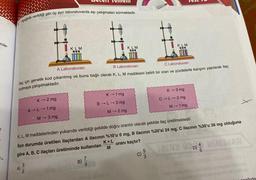 rcile-
Aşağıda verildiği gibi üç ayrı laboratuvarda aşı çalışmaları sürmektedir.
A)
KLM
K-2 mg
A-L→ 1 mg
M-3 mg
32
Becent Temell
A Laboratuvarı
B Laboratuvarı
C Laboratuvarı
İlaç için genetik kod çıkarılmış ve buna bağlı olarak K, L, M maddesini belirli bir oran ve yüzdelerle karışım yapılarak ilaç
bulmaya çalışılmaktadır.
B)
7
3
KLM
K 1 mg
B-L-3 mg
M-2 mg
KLM
K, L, M maddelerinden yukarıda verildiği şekilde doğru orantılı olacak şekilde ilaç üretilmektedir.
Son durumda üretilen ilaçlardan A ilacının %10'u 6 mg, B ilacının %20'si 24 mg, C ilacının %30'u 36 mg olduğuna
K+L
göre A, B, C ilaçları üretiminde kullanılan
oranı kaçtır?
M
Test 70
K-3 mg
C-L-2 mg
M-1 mg
+
D) MIMBJAN
/