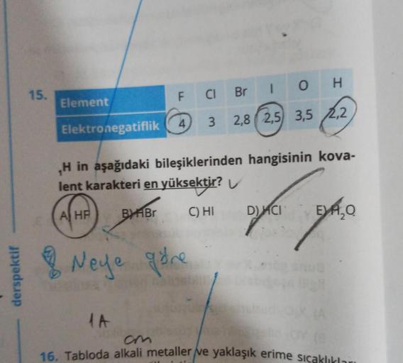 derspektif
15.
Element
FL
Elektronegatiflik 4
A HP
Br
& Neye göre
10
,H in aşağıdaki bileşiklerinden hangisinin kova-
lent karakteri en yüksektir?
BY HBr
C) HI
H
CI
3 2,8 2,5 3,5 2,2
D) ACI
EXA₂0.
IA
(0
cm
16. Tabloda alkali metaller ve yaklaşık erime sıca