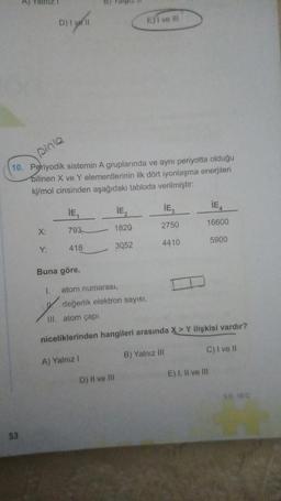 53
pinle
10. Periyodik sistemin A gruplarında ve aynı periyotta olduğu
bilinen X ve Y elementlerinin ilk dört iyonlaşma enerjileri
kj/mol cinsinden aşağıdaki tabloda verilmiştir:
X:
Y:
D) I yell
1.
¡E₁
793
418
Buna göre,
atom numarası,
değerlik elektron sayısı,
III. atom çapı
İE₂
1820
3052
A) Yalnız I
E)I ve Ill
D) II ve III
¡E 3
2750
4410
niceliklerinden hangileri arasında X > Y ilişkisi vardır?
C) I ve II
B) Yalnız III
İE4
16600
5900
E) I, II ve III
SE 10 C