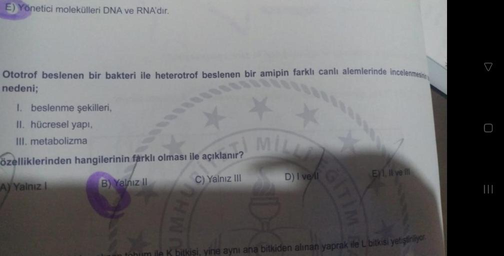 E) Yönetici molekülleri DNA ve RNA'dır.
Ototrof beslenen bir bakteri ile heterotrof beslenen bir amipin farklı canlı alemlerinde incelenmesinin
nedeni;
1. beslenme şekilleri,
II. hücresel yapı,
III. metabolizma
**
özelliklerinden hangilerinin farklı olması