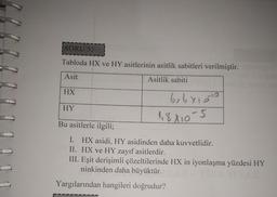 SORU 55
Tabloda HX ve HY asitlerinin asitlik sabitleri verilmiştir.
Asit
HX
HY
Asitlik sabiti
bebx1oto
1,8x10-5
Bu asitlerle ilgili;
I. HX asidi, HY asidinden daha kuvvetlidir.
II. HX ve HY zayıf asitlerdir.
III. Eşit derişimli çözeltilerinde HX in iyonlaşma yüzdesi HY
ninkinden daha büyüktür.
Yargılarından hangileri doğrudur?