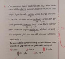 8.
Orta Asya'nın kurak bozkırlarında soyu kritik dere-
cede tehlike altında bulunan, kısa fil hortumuna ben-
Tii
zeyen ilginç burunlu canlılar yaşar: Sayga antilopla-
ri. Bunlar, insanlardan ve yerleşim yerlerinden çok
111 fiye
uzak yerlerde yaşamayı tercih eder. Buna rağmen
IV: fye
11.
aşırı avlanma, yaşam alanlarının tahribatı ve tarım- N
V
sal faaliyetler gibi insan kaynaklı etkenler varlıklarını A
R
tehdit ediyor.
Bu parçadaki numaralanmış sözcüklerden han-
gileri hem yapım hem de çekim eki almıştır?
A) I ve II
B) Lve V
Il ve IV
A
Y
A
Y
III ve IV
E) IV ve V