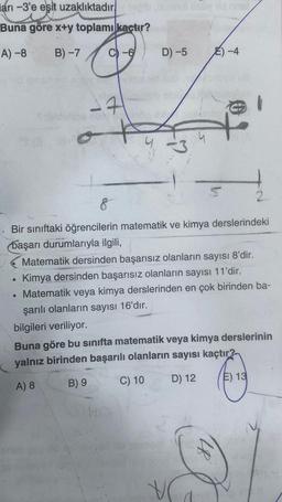 arı -3'e eşit
uzaklıktadır
Buna göre x+y toplamı kaçtır?
A) -8
B)-7
●
C-6
-7
o
●
D) -5
DEDY 1ld one
8
Bir sınıftaki öğrencilerin matematik ve kimya derslerindeki
başarı durumlarıyla ilgili,
E) -4
Matematik dersinden başarısız olanların sayısı 8'dir.
Kimya dersinden başarısız olanların sayısı 11'dir.
Matematik veya kimya derslerinden en çok birinden ba-
şarılı olanların sayısı 16'dır.
bilgileri veriliyor.
Buna göre bu sınıfta matematik veya kimya derslerinin
yalnız birinden başarılı olanların sayısı kaçtır?
A) 8
B) 9
C) 10
D) 12
fig