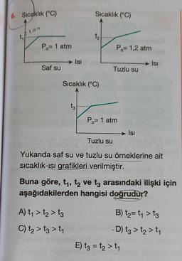 6. Sıcaklık (°C)
(99
P₁= 1 atm
Saf su
Isı
Sıcaklık (°C)
Sıcaklık (°C)
t3
A) t₁ > t₂ > t3
C) t₂ > t3 > t₁
t₂
P₁= 1,2 atm
Tuzlu su
P₁= 1 atm
Isı
Tuzlu su
Yukarıda saf su ve tuzlu su örneklerine ait
sıcaklık-ısı grafikleri verilmiştir.
Isı
Buna göre, t₁, tê ve t3 arasındaki ilişki için
aşağıdakilerden hangisi doğrudur?
E) t3 = t₂ > t₁
B) t₂= t₁ > t3
D) t3 > t₂ > 1₁