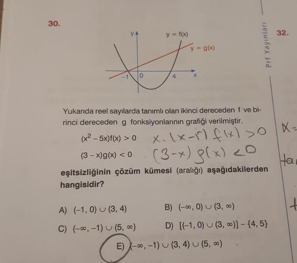 30.
A) (-1,0)
C) (-∞, -1)
0
y = f(x)
(3, 4)
4
y = g(x)
Yukarıda reel sayılarda tanımlı olan ikinci dereceden f ve bi-
rinci dereceden g fonksiyonlarının grafiği verilmiştir.
x. (x-1) flx) >0
(x² - 5x)f(x) > 0
(3-x)g(x) < 0
(3-x) g(x) <0
eşitsizliğinin çözü