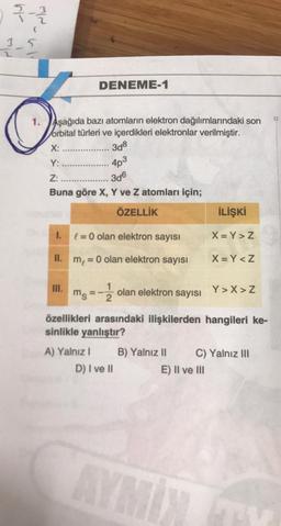 61
M/
3-23/2
1-5
1. Aşağıda bazı atomların elektron dağılımlarındaki son
orbital türleri ve içerdikleri elektronlar verilmiştir.
X: .................. 3d8
Y: .........
4p3
Z:.................. 3d6
Buna göre X, Y ve Z atomları için;
ÖZELLİK
1.
l=0 olan elektron sayısı
II. m₁ = 0 olan elektron sayısı
DENEME-1
III.
1
ms 2
=I
A) Yalnız I
olan elektron sayısı
D) I ve II
B) Yalnız II
özellikleri arasındaki ilişkilerden hangileri ke-
sinlikle yanlıştır?
AYN
İLİŞKİ
X=Y>Z
E) II ve III
X=Y <Z
Y>X>Z
C) Yalnız III