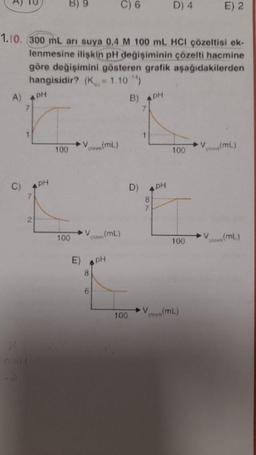 C)
2
1.10. (300 mL arı suya 0,4 M 100 mL HCI çözeltisi ek-
lenmesine ilişkin pH değişiminin çözelti hacmine
göre değişimini gösteren grafik aşağıdakilerden
hangisidir? (K= 1.10-¹4)
A) PH
B) PH
PH
100
100
E)
8
6
(ML)
C) 6
(mL)
PH
100
D) PH
D) 4
7
100
100
E) 2
HmL)
(ML)
(ML)