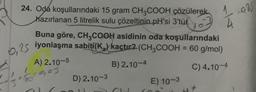 24. Odá koşullarındaki 15 gram CH3COOH çözülerek
hazırlanan 5 litrelik sulu çözeltinin pH'si 3'tür.
A) 2.10-5
13²20903
OC
Buna göre, CH3COOH asidinin oda koşullarındaki
Siyonlaşma sabiti(K) kaçtır? (CH3COOH = 60 g/mol)
C) 4.10-4
D) 2.10-3
B) 2.10-4
E) 10-3
1-925
4+
</+