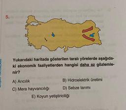 5.
es
Yukarıdaki haritada gösterilen taralı yörelerde aşağıda-
ki ekonomik faaliyetlerden hangisi daha az gözlemle-
nir?
A) Arıcılık
C) Mera hayvancılığı
Al
B) Hidroelektrik üretimi
D) Sebze tarımı
E) Koyun yetiştiriciliği