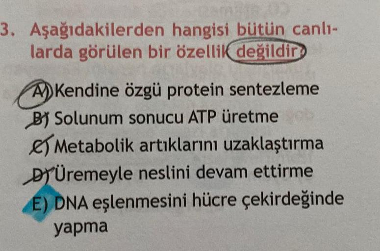 3. Aşağıdakilerden hangisi bütün canlı-
larda görülen bir özellik değildir
AKendine özgü protein sentezleme
B) Solunum sonucu ATP üretme ob
Metabolik artıklarını uzaklaştırma
DÜremeyle neslini devam ettirme
E) DNA eşlenmesini hücre çekirdeğinde
yapma