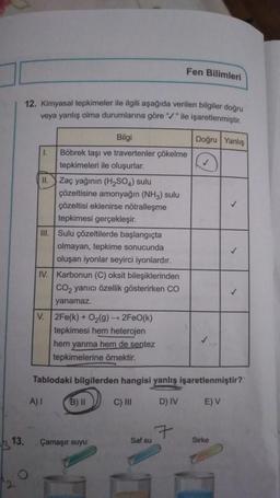 13.
2
12. Kimyasal tepkimeler ile ilgili aşağıda verilen bilgiler doğru
veya yanlış olma durumlarına göre "/" ile işaretlenmiştir.
Doğru Yanlış
1.
II. Zaç yağının (H₂SO4) sulu
Bilgi
Böbrek taşı ve travertenler çökelme
tepkimeleri ile oluşurlar.
çözeltisine amonyağın (NH3) sulu
çözeltisi eklenirse nötralleşme
tepkimesi gerçekleşir.
III. Sulu çözeltilerde başlangıçta
olmayan, tepkime sonucunda
oluşan iyonlar seyirci iyonlardır.
IV. Karbonun (C) oksit bileşiklerinden
CO₂ yanıcı özellik gösterirken CO
yanamaz.
V. 2Fe(k) + O₂(g) → 2FeO(k)
tepkimesi hem heterojen
A) I
hem yanma hem de sentez
tepkimelerine örnektir.
B) II
Tablodaki bilgilerden hangisi yanlış işaretlenmiştir?
C) III
D) IV
E) V
N
Fen Bilimleri
Çamaşır suyu
Saf su
7
✓
✓
Sirke