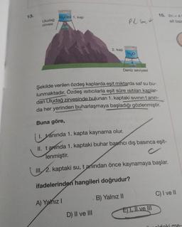 13.
Uludağ
zirvesi
H₂O(s) 1. kap
A) Yalnız I
2. kap
D) II ve III
PL but
H₂O
Deniz seviyesi
Şekilde verilen özdeş kaplarda eşit miktarda saf su bu-
lunmaktadır. Özdeş ısıtıcılarla eşit süre ısıtılan kaplar-
dan Uludağ zirvesinde bulunan 1. kaptaki sıvının tanın-
da her yerinden buharlaşmaya başladığı gözlenmiştir.
Buna göre,
1. anında 1. kapta kaynama olur.
II. taninda 1. kaptaki buhar basıncı dış basınca eşit-
lenmiştir.
III, 2. kaptaki su, t anından önce kaynamaya başlar.
ifadelerinden hangileri doğrudur?
B) Yalnız II
15. 2n = 4
ait baz
E) I, II ve III
C) I ve II
aldakime-