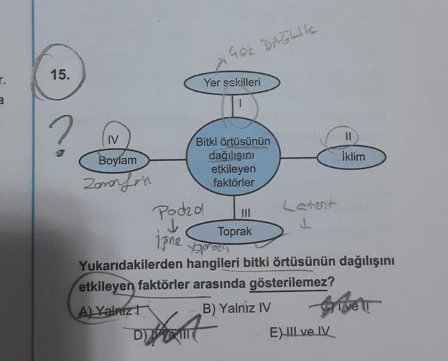 r.
a
15.
?
IV
Boylam
Zonor Lola
Got DAĞLIK
Yer sekilleri
Bitki örtüsünün
dağılışını
etkileyen
faktörler
D) (
ortant
Latent
Podzol
jone oproen
Yukarıdakilerden hangileri bitki örtüsünün dağılışını
etkileyen faktörler arasında gösterilemez?
A) Yalnizt
B) Yal