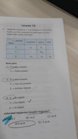 6.
DENEME 15
Aşağıdaki tabloda X, Y ve Z metallerinin CH₂COOH.
H₂SO₂ ve KOH çözeltileri ile tepkimeleri sonucu
açığa çıkan gazlar verilmiştir.
Metal
Asit/Baz
X
Y
Z
Buna göre;
Y Soy metaldir.
Z→ Pasif metaldir.
CH₂COOH H₂SO4
II. XAktif metaldir.
III. X→ Zn olabilir.
Y→ Cu olabilir.
Z → Al olabilir.
Y→ Yarı soy metaldir.
Z → Amfoter metaldir.
H₂
D) II ve III
H₂
SO₂
H₂
KOH
H₂
yukarıdaki bilgilerden hangileri doğrudur?
A) Yalniz II
B) I ve II
C) I ve III
E) I, II ve III