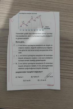 İyonlaşma enerjisi (kJ/mol)
K
M
N
P
R
A) Yalnız I
'S
11 12 13 14 15 16 17 18 19
V
Yukarıdaki grafik bazı elementlerin birinci iyonlaş-
ma enerjilerinin, atom numaralarına göre değişimi-
ni göstermektedir.
D) II ve III
Buna göre,
+1. V nin birinci iyonlaşma enerjisinin en düşük ol-
masının nedeni, değerlik elektronunun diğerle-
rine göre bir üst temel enerji seviyesinde olma-
sıdır.
Atom
numarası
II. L nin birinci iyonlaşma enerjisinin M ninkinden
büyük olmasının nedeni, L nin son orbitalinin
küresel simetri özelliği göstermesidir.
III. S nin birinci iyonlaşma enerjisinin R ninkinden
büyük olmasının nedeni, S nin yörüngelerdeki
elektron yoğunluğunun büyük olmasıdır.
yargılarından hangileri doğrudur?
B) Yalnız II
Livell
I ve Il
E) I, II ve III
KİMYA