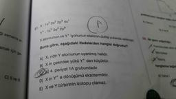 ği zamanla ar-
amak için ge-
C) II ve III
51. X: 1s² 2s²2p6 4s¹
yt: 1s² 2s²2p6
A
X atomunun ve Y* iyonunun elektron dizilişi yukarıda verilmiştir.
Buna göre, aşağıdaki ifadelerden hangisi doğrudur?
A) X, nötr Y atomunun uyarılmış halidir.
B) X in çekirdek yükü Y+ dan küçüktür.
CX, 4. periyot 1A grubundadır.
D) X in Y e dönüşümü ekzotermiktir.
E) X ve Y birbirinin izotopu olamaz.
54. Bir gazm yogunluğu
Mal Kittens
hangilerine baghd
A) Yalnız 1