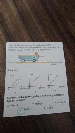 Yatay sürtünmesiz zeminde durmakta olan şekildeki L
arabasının sürtünmeli üst yüzeyinde K cismi bulunmakta iken,
L aracı F kuvveti etkisinde harekete başlamaktadır.
Yatay
Buna göre;
Sürtünmeli yüzey
AHIZ
1
L
AHIZ
KKK
Zaman Ol
Zaman
11
D) I ve III
F
Sürtünmesiz
zemin
B) Yalniz II
AHız
L aracına ait hiz-zaman grafiği I, II, III nolu grafiklerden
hangisi olabilir?
A) Yalnız I
U
E) II ve III
Zaman
C) Yalnız III