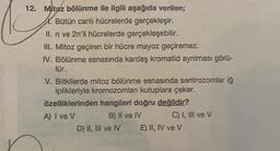 12. Mitoz bölünme ile ilgili aşağıda verilen;
Bütün canlı hücrelerde gerçekleşir.
II. n ve 2n'li hücrelerde gerçekleşebilir.
III. Mitoz geçiren bir hücre mayoz geçiremez.
IV. Bölünme esnasında kardeş kromatid ayrılması görü-
lür.
V. Bitkilerde mitoz bölünme esnasında sentrozomlar iğ
iplikleriyle kromozomları kutuplara çeker.
özelliklerinden hangileri doğru değildir?
A) I ve V
B) II ve IV
D) II, III ve IV
C) I, III ve V
E) II, IV ve V