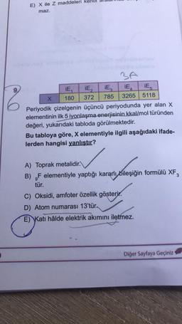 9,
E) X ile Z maddeleri
maz.
X
3A
iE4
¡E5
785 3265 5118
iE, iE
iE₁
180 372
Periyodik çizelgenin üçüncü periyodunda yer alan X
elementinin ilk 5 iyonlaşma enerjisinin kkal/mol türünden
değeri, yukarıdaki tabloda görülmektedir.
Bu tabloya göre, X elementiyle ilgili aşağıdaki ifade-
lerden hangisi yanlıştır?
A) Toprak metalidir.
B) F elementiyle yaptığı kararlı bileşiğin formülü XF₂
tür.
C) Oksidi, amfoter özellik gösterir.
D) Atom numarası 13'tür.
E) Katı hâlde elektrik akımını iletmez.
Diğer Sayfaya Geçiniz