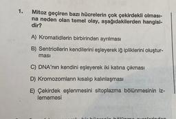 1.
Mitoz geçiren bazı hücrelerin çok çekirdekli olması-
na neden olan temel olay, aşağıdakilerden hangisi-
dir?
A) Kromatidlerin birbirinden ayrılması
B) Sentriollerin kendilerini eşleyerek iğ ipliklerini oluştur-
ması
C) DNA'nın kendini eşleyerek iki katına çıkması
D) Kromozomların kısalıp kalınlaşması
E) Çekirdek eşlenmesini sitoplazma bölünmesinin iz-
lememesi
218 mo curelerinden