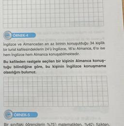 ÖRNEK-4
calibe
İngilizce ve Almancadan en az birinin konuşulduğu 34 kişilik
bir turist kafilesindekilerin 24'ü İngilizce, 16'sı Almanca, 6'sı ise
hem İngilizce hem Almanca konuşabilmektedir.
Bu kafileden rastgele seçilen bir kişinin Almanca konuş-
tuğu bilindiğine göre, bu kişinin İngilizce konuşmama
olasılığını bulunuz.
072
ÖRNEK-5
Bir sınıftaki öğrencilerin %75'i matematikten, %40'ı fizikten,