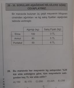 Y
A
R
G
28-30. SORULARI AŞAĞIDAKİ BİLGİLERE GÖRE
CEVAPLAYINIZ.
Bir manavda bulunan üç çeşit meyvenin kilogram
cinsinden ağırlıkları ve kg satış fiyatları aşağıdaki
tabloda verilmiştir.
Elma
Armut
Portakal
Ağırlığı (kg)
100
80
50
Satış Fiyatı (kg)
3 TL
5 TL
6 TL
28. Bu manavda her meyvenin kg satışından %25
kâr elde edildiğine göre, tüm meyvelerin satı-
şından kaç TL kâr elde edilir?
A) 150
B) 175
C) 200
D) 225
E) 250