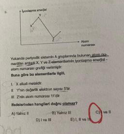 lyonlaşma enerjisi
Z
Yukanda pertyodik sistemin A gruplarında bulunan atom nu-
maralan ardışık X, Y ve Z alemantlerinin iyonlaşma enerjisi -
atom numarası grafiği verilmiştir.
Buna göre bu elementlerle ilgill,
1. X alkall metaldir.
II. Y'nin değerlik elektron sayısı 5'tir.
III. Z'nin atom numarası 11'dir.
ifadelerinden hangileri doğru olamaz?
A) Yalnız II
D) I ve III
* Atam
numaras
B) Yalnız III
E) I, II ve Il
C) ve ll