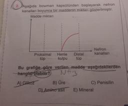 2. Aşa
2. Aşağıda bowman kapsülünden başlayarak nefron
kanalları boyunca bir maddenin miktarı gösterilmiştir.
Madde miktarı
Proksimal Henle Distal
kulpu tüp
tüp
Bu grafiğe göre verilen madde aşağıdakilerden
hangisi olabilir?
N#3
A) Glikoz
B) Üre
D) Amino asit
Nefron
kanalları
C) Penisilin
E) Mineral