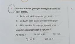 1.
Nefronun suya geçirgen olmayan bölümü ile
ilgili olarak,
I. Aminoasit aktif taşıma ile geri emilir.
II. Sodyum pasif olarak doku sıvısına geçer.
III. ADH in etkisi ile suya geçirgenliği artar.
yargılarından hangileri doğrudur?
A) Yalnız II
B) Yalnız III
D) I ve III
C) I ve II
E) II ve III
4.