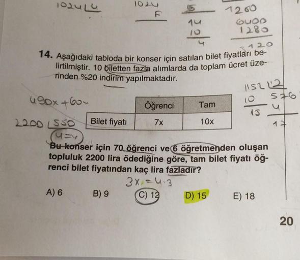 1024 L4
490x+60×
14. Aşağıdaki tabloda bir konser için satılan bilet fiyatları be-
lirtilmiştir. 10 biletten fazla alımlarda da toplam ücret üze-
rinden %20 indirim yapılmaktadır.
3120
Bilet fiyatı
A) 6
1024
|
B) 9
Öğrenci
7x
Tam
10x
1200
6U00
1280
2200 LS