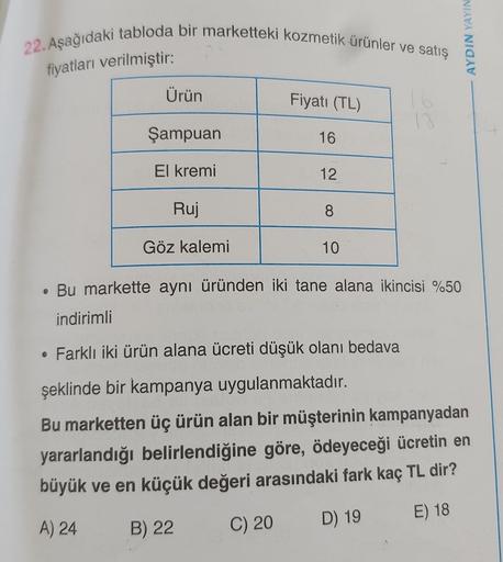 22. Aşağıdaki tabloda bir marketteki kozmetik ürünler ve satış
fiyatları verilmiştir:
Ürün
Şampuan
El kremi
Ruj
Göz kalemi
Fiyatı (TL)
16
12
8
10
ge
AYDIN YAYIN
• Bu markette aynı üründen iki tane alana ikincisi %50
indirimli
• Farklı iki ürün alana ücreti