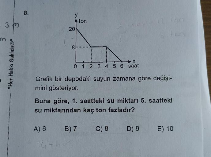 3m
"Her Hakkı Saklıdır"
8.
y
A ton
A) 6
20
IGHB!
8
X
0 1 2 3 4 5 6 saat
2 67012
Grafik bir depodaki suyun zamana göre değişi-
mini gösteriyor.
Buna göre, 1. saatteki su miktarı 5. saatteki
su miktarından kaç ton fazladır?
B) 7
C) 8
100
ton
D) 9
E) 10