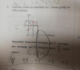 7.
Doğrusal yoldaki bir otomobilin hız zaman grafiği şe-
kilde verilmiştir.
lv.
kaçtır?
₁
Hız
Işıklı Y ciomi
3v
2v
0
0
Otomobilin hızlanırken harcadığı güç P₁, yavaşlar-
P₁
ken harcadığı güç P olduğuna göre,
Rebpho
65
12
t 2t
C)
Zaman
5
80/5
D) off
P2
oranı
9.