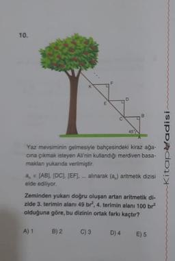 10.
E
A) 1
9
www
B) 2
O
D
Yaz mevsiminin gelmesiyle bahçesindeki kiraz ağa-
cına çıkmak isteyen Ali'nin kullandığı merdiven basa-
maklan yukarıda verilmiştir.
5
a € [AB]. [DC), [EF], alınarak (a) aritmetik dizisi
elde ediliyor.
B
Zeminden yukarı doğru oluşan artan aritmetik di-
zide 3. terimin alanı 49 br², 4. terimin alanı 100 br²
olduğuna göre, bu dizinin ortak farkı kaçtır?
C) 3
D) 4 E) 5
Kitapadisi