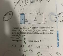 B) 2)
C
D3
11
boş
SU
Tamamı su ile dolu A kabinin tabanındaki su
basıncı Padır. M musluğu açılıp sistem den-
geye geldiğinde B kabinin tabanındaki su ba-
sinci/PB pluyor.
Buna göre, oranı kaçtır?
A) 2 B)4 C6 D8 E) 10
hagaPA
final yayınları
desnx.gs