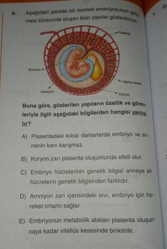 Ca
Aşağıdaki şekilde bir memeli embriyosunun gelig
mesi sürecinde oluşan bazı yapılar gösterilmiştir.
8.
Plasents
Embriyo
Vitellüs kesesi
Amniyon
Koryon
Buna göre, gösterilen yapıların özellik ve görey-
leriyle ilgili aşağıdaki bilgilerden hangisi yanlış-