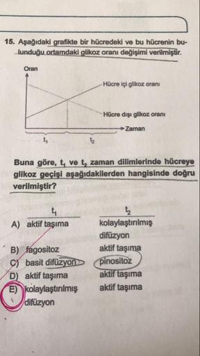 15. Aşağıdaki grafikte bir hücredeki ve bu hücrenin bu-
lunduğu ortamdaki glikoz oranı değişimi verilmiştir.
Oran
Hücre içi glikoz oranı
Hücre dışı glikoz oranı
Zaman
Buna göre, t, vet, zaman dilimlerinde hücreye
glikoz geçişi aşağıdakilerden hangisinde do