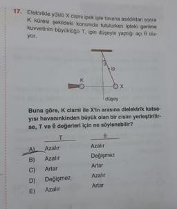 17.
Elektrikle yüklü X cismi ipek iple tavana asıldıktan sonra
K küresi şekildeki konumda tutulurken ipteki gerilme
kuvvetinin büyüklüğü T, ipin düşeyle yaptığı açı olu-
yor.
düşey
Buna göre, K cismi ile X'in arasına dielektrik katsa-
yısı havanınkinden büyük olan bir cisim yerleştirilir-
se, T ve değerleri için ne söylenebilir?
A)
Azalır
Azalır
Azalır
Değişmez
Artar
B)
C)
Artar
Azalır
D)
Değişmez
Azalır
Artar
