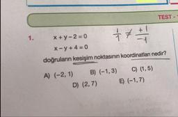 TEST - 1
1.
x+y - 2 = 0 17 -
x-y+ 4 = 0
doğruların kesişim noktasının koordinatları nedir?
A) (-2,1) B) (-1,3) C) (1,5)
D) (2,7) E) (-1,7)