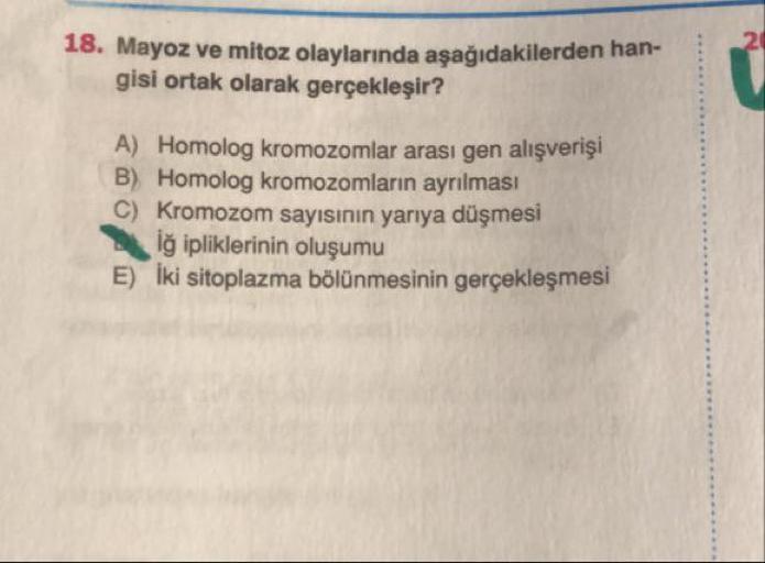18. Mayoz ve mitoz olaylarında aşağıdakilerden
gisi ortak olarak gerçekleşir?
A) Homolog kromozomlar arası gen alışverişi
B) Homolog kromozomların ayrılması
C) Kromozom sayısının yarıya düşmesi
iğ ipliklerinin oluşumu
E) Iki sitoplazma bölünmesinin gerçekl