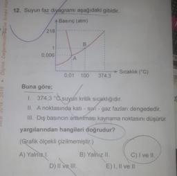 12. Suyun faz diyágramı aşağıdaki gibidir.
A Basınç (atm)
218
0,006
:A
Sıcaklık (°C)
0,01 100
374,3
Buna göre;
1.
374,3 ° suyun kritik sıcaklığıdır.
II. A noktasında katı - sv - gaz fazları dengededir.
III. Dış basıncın arttırriması kaynama noktasını düşürür.
yargılarından hangileri doğrudur?
(Grafik ölçekli çizilmemiştir.)
A) Yalnız I.
B) Yalnız II.
C) I ve lI.
D) II ve III.
E) I, Il ve II
• 6LOZ
Ölçme, Değerlendinheve Sinav Hizr
