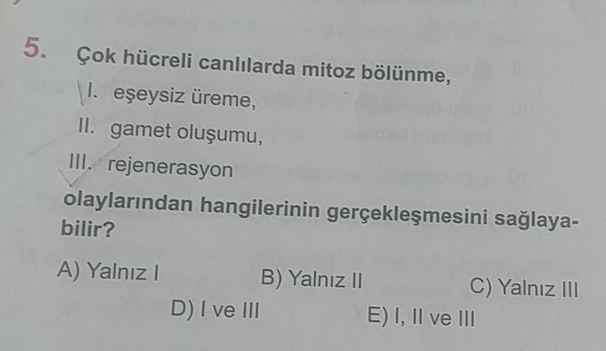 5.
Çok hücreli canlılarda mitoz bölünme,
1. eşeysiz üreme,
II. gamet oluşumu,
III. rejenerasyon
olaylarından hangilerinin gerçekleşmesini sağlaya-
bilir?
A) Yalnız!
B) Yalnız II
C) Yalnız III
D) I ve III
E) I, II ve III